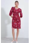 Bordo Gül Desenli Midi Elbise 2477