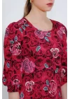 Bordo Gül Desenli Midi Elbise 2477