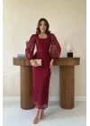 Kahverengi Güpür Detaylı Dantel Elbise