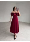 Bordo Omuz Büzgülü Saten Elbise