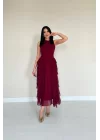 Beyaz Önü Büzgülü Fırfırlı Elbise