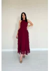 Beyaz Önü Büzgülü Fırfırlı Elbise