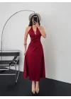 Bordo Uzun Saten Elbise