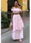 Büzgülü Crop Kat Detaylı Fırfır Etekli Takım 10196