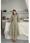 Çağla Çizgi Desenli Uzun Elbise
