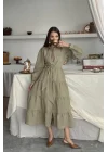 Çağla Çizgi Desenli Uzun Elbise