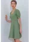 Çağla Yeşili Kare Yaka Örme Mini Elbise