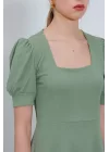 Çağla Yeşili Kare Yaka Örme Mini Elbise