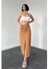 Camel Gabardin Boyamalı Püsküllü Etek