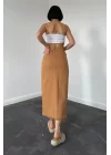 Camel Gabardin Boyamalı Püsküllü Etek