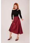 Çan Kesim Midi Bordo Saten Etek