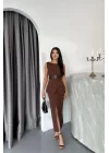 CEKET-ETEK GÖRÜNÜMLÜ ELBİSEÇİFT KEMER DETAYLI - Kahverengi