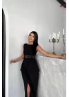 CEKET-ETEK GÖRÜNÜMLÜ ELBİSEÇİFT KEMER DETAYLI - Siyah