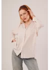 Cep Detay Çizgili Oversize Krem Gömlek