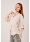 Cep Detay Çizgili Oversize Krem Gömlek