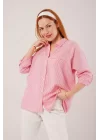Cep Detay Çizgili Oversize Pembe Gömlek