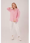 Cep Detay Çizgili Oversize Pembe Gömlek