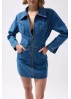 Cep Detaylı Fermuarlı Denim Elbise