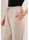 Cepli Belden Bağlamalı Paça Detaylı Krem Pantolon