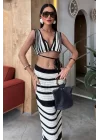 Çizgili Bikini Üst Ve Etek Triko Takım 10110