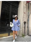 ÇİZGİLİ KETEN CEKET YELEK ŞORT TK - Mavi