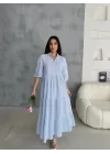 ÇİZGİLİ KETEN HAKİM YAKA DÜĞMELİ SALAŞ ELBİSE - Mavi
