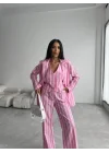 ÇİZGİLİ KETEN YELEK-PANTOLON TAKIM - Pembe