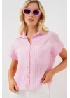 Çizgili Kısa Kol Gömlek 20324 - Pembe