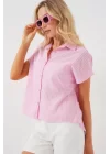 Çizgili Kısa Kol Gömlek 20324 - Pembe