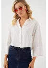 Çizgili Oversize Kısa Gömlek 20326 - Beyaz