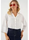 Çizgili Oversize Kısa Gömlek 20326 - Beyaz
