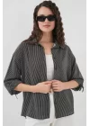 Çizgili Oversize Kısa Kol Gömlek 20296 - Siyah