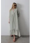 Çizgili Oversize V Yaka Elbise - Haki