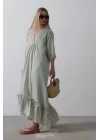 Çizgili Oversize V Yaka Elbise - Haki