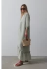 Çizgili Oversize V Yaka Elbise - Haki