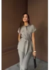 ÇİZGİLİ POLYVİSKON BLUZ - PANTOLON TAKIM - Gri