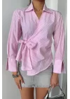 ÇİZGİLİ POPLİN KRUVAZE BAĞLAMALI GÖMLEK - Pembe
