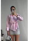 ÇİZGİLİ POPLİN KRUVAZE BAĞLAMALI GÖMLEK - Pembe