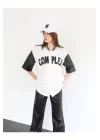 Complex Kolları Deri Kolej Oversize T-shirt - Beyaz