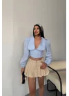 CROP POPLİN GÖMLEK YAKA KENAR DANTEL DETAYLI - Bebe Mavi