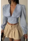 CROP POPLİN GÖMLEK YAKA KENAR DANTEL DETAYLI - Bebe Mavi