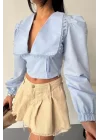 CROP POPLİN GÖMLEK YAKA KENAR DANTEL DETAYLI - Bebe Mavi