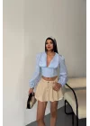 CROP POPLİN GÖMLEK YAKA KENAR DANTEL DETAYLI - Bebe Mavi