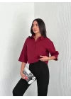 Crop Yakalı Gömlek Üç Çeyrek Sleeve Kol - Bordo