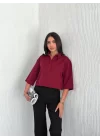 Crop Yakalı Gömlek Üç Çeyrek Sleeve Kol - Bordo