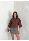Crop Yakalı Gömlek Üç Çeyrek Sleeve Kol - Kahverengi