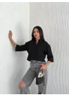 Crop Yakalı Gömlek Üç Çeyrek Sleeve Kol - Siyah