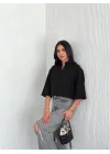 Crop Yakalı Gömlek Üç Çeyrek Sleeve Kol - Siyah
