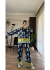 Desenli Saten Bol Takım - İndigo