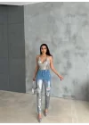 DİZ YIRTIK VARAKLI MOM KOT PANTOLON - Gümüş
